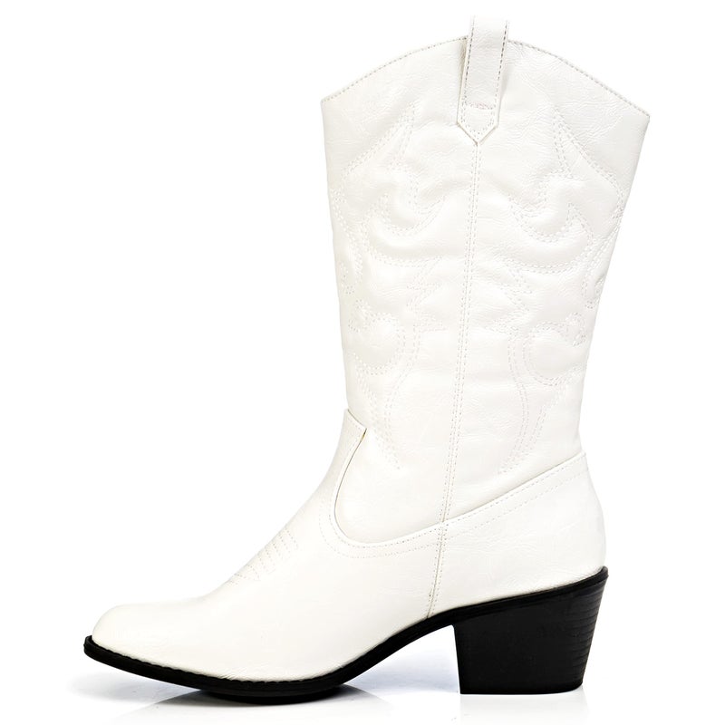 Charles Albert Womens Cowboy Boots for Women Embroidered Stacked Heel Mid-Calf Western Cowgirl Boots in White Size 6 - Image 4
